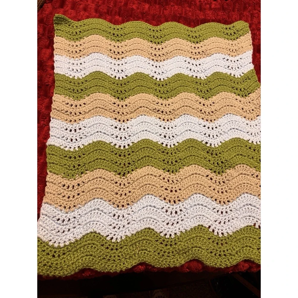 Baby Blanket Handmade Crochet Wave Stitch Green Gray Blue Stripes 25x21 Nursery